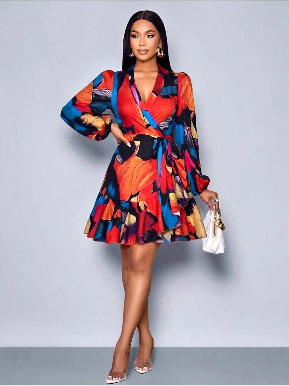 Abstract Print Wrap Mini Dress